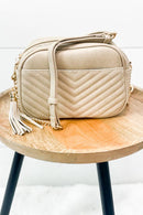 WU121 Veronica Double Zipper V Pattern Stitch Tassel Crossbody Bag - MiMi Wholesale