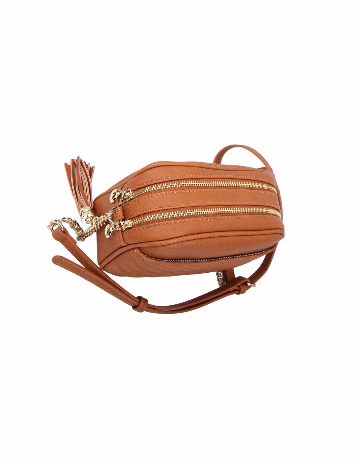 WU121 Veronica Double Zipper V Pattern Stitch Tassel Crossbody Bag - MiMi Wholesale