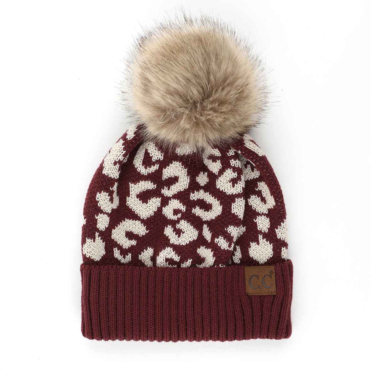 YJ2091 Audrey Leopard Pattern Pom Beanie - MiMi Wholesale